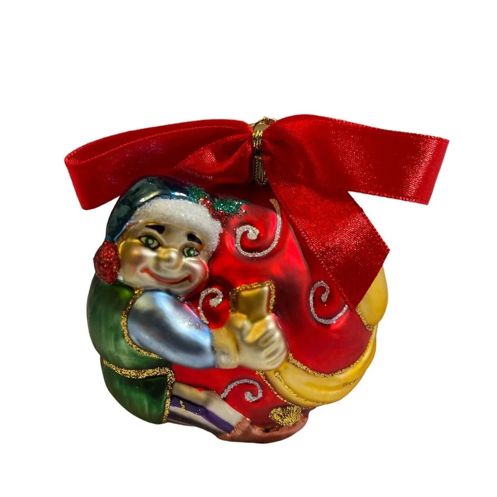 LENOX Yuletide Treasures Santa’s Family Tree Xmas Ornament- Elf With Bow In Box